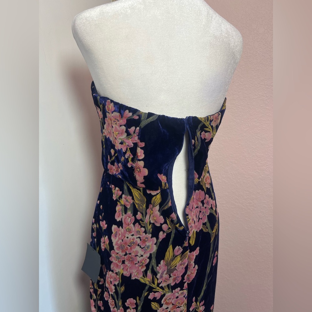 Bloom In Mind Navy Blue Floral Print Velvet Strapless Maxi Dress *Damaged - Picture 11 of 14